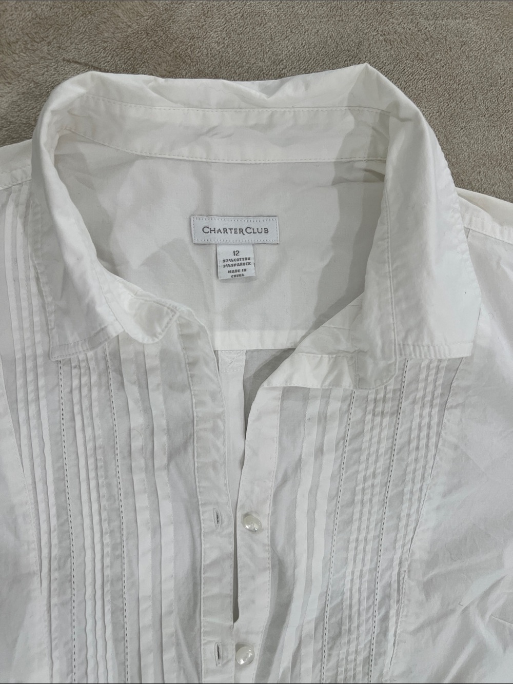 Charter Club White Pleated Front Button-Up Blouse